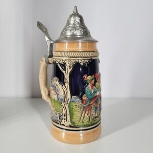 Vintage Western Germany Ceramic Beer Stein Pewter Lid Oktoberfest Scene